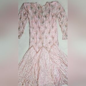 Vintage 1980s Beaded Flapper Dress: Pink & Silver Floral Gown Size L.